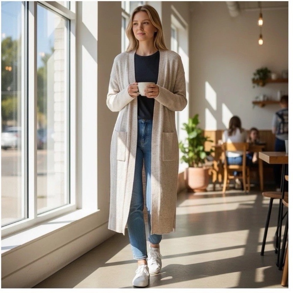 A New Day Oatmeal Heather Longline Open Front Duster Cardigan Linen Medium